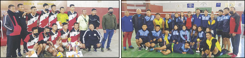 (Left) Champion of men’s category Mokokchung district with others. (Right) Champion of women’s category Kohima district with others